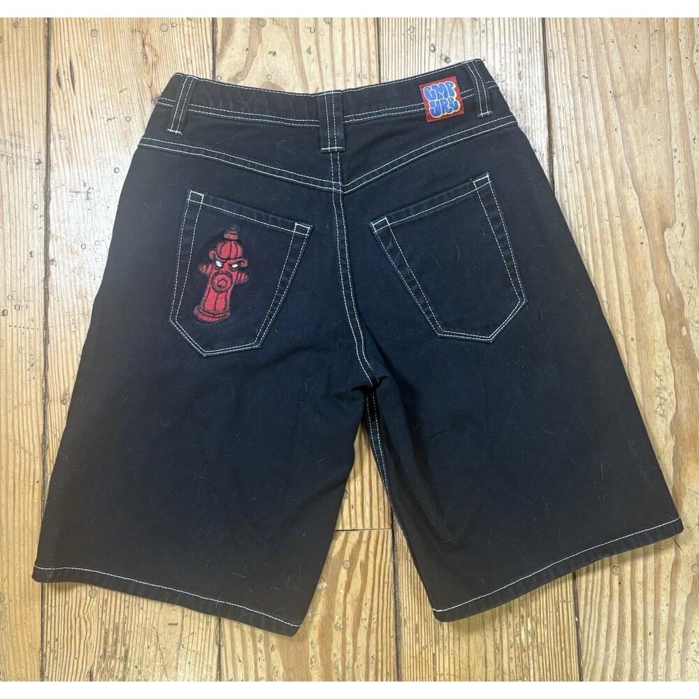 Empyre Loose Fit Fire Hydrant Black Denim Skate Shorts size 24 Embroidered